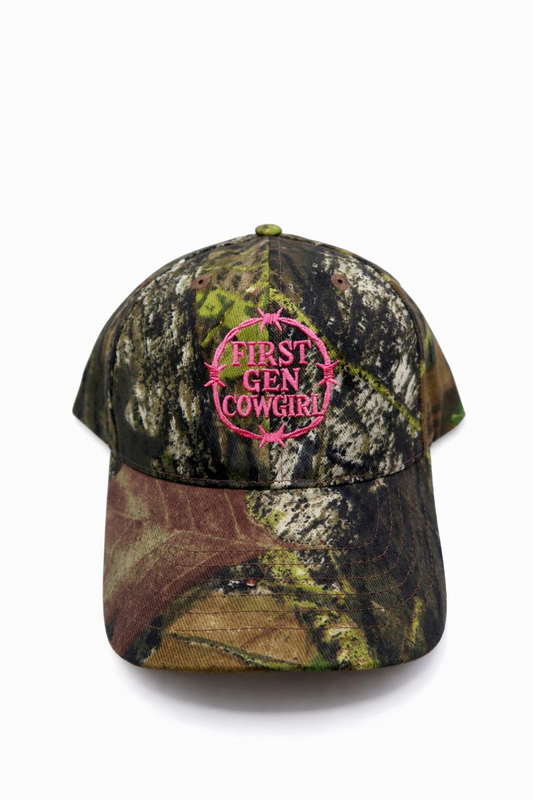 First Gen Cowgirl Barbed Wire Cap - Pink on Mossy Oak