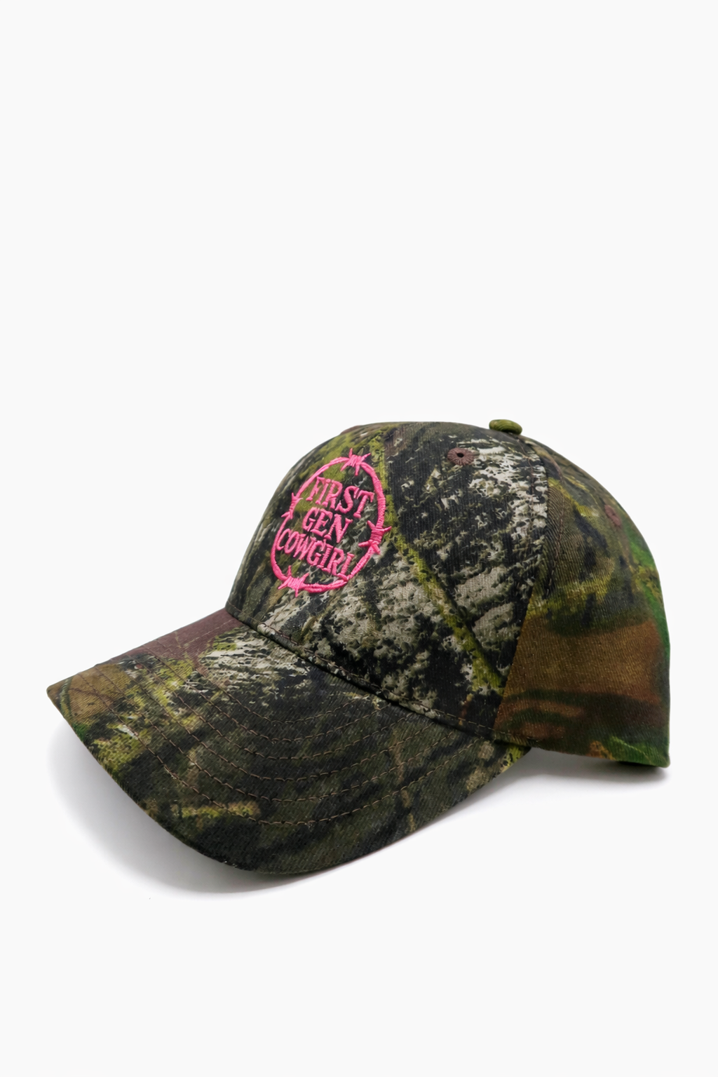 First Gen Cowgirl Barbed Wire Cap - Pink on Mossy Oak