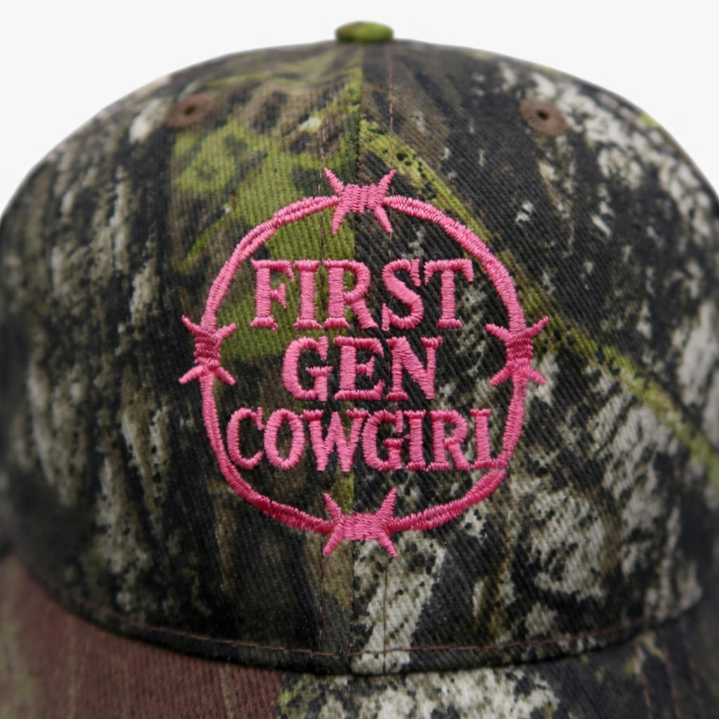 First Gen Cowgirl Barbed Wire Cap - Pink on Mossy Oak