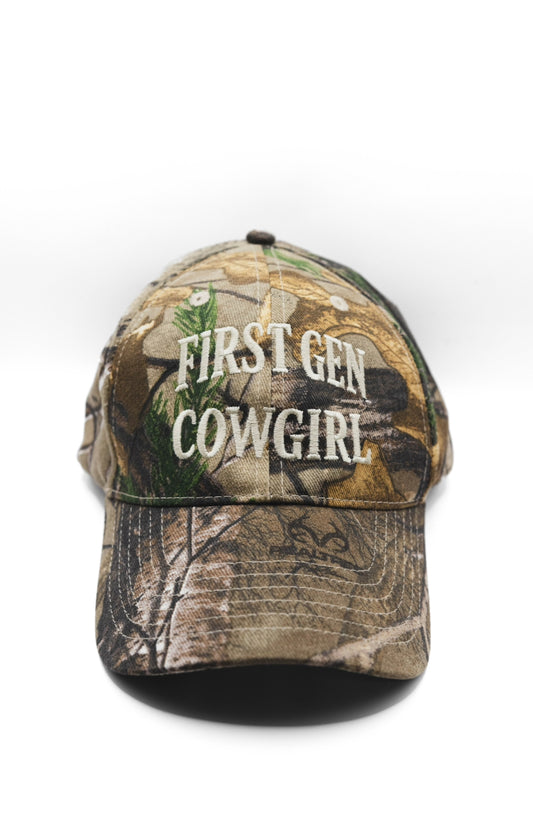 First Gen Cowgirl Camo Cap - Standard Logo in Ivory on Realtree